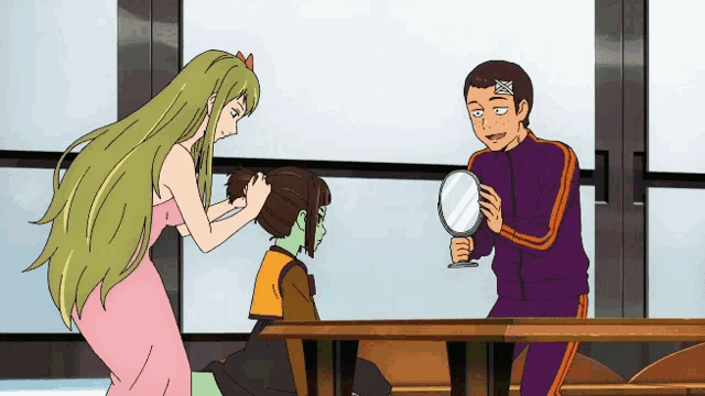 a man in a purple jacket is holding a mirror and looking at a woman 's hair