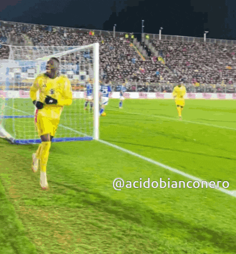 a soccer player is running towards the goal with the hashtag acidobianconero on the bottom