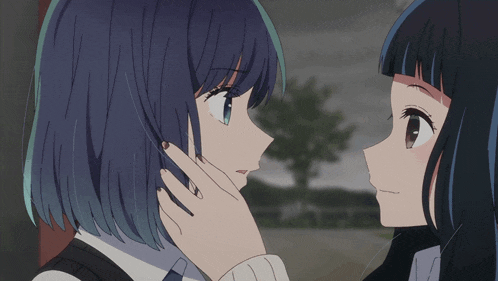 two anime girls are touching each other 's faces and one has black nail polish on her nails