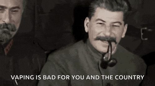 a man smoking a pipe with the words vaping is bad for you and the country behind him