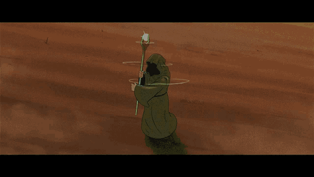 a cartoon drawing of a wizard with a hood holding a wand