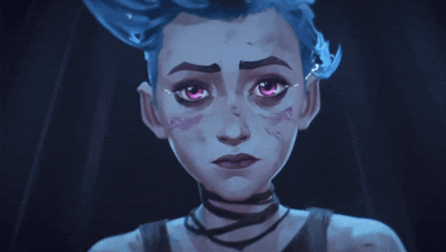 a girl with blue hair and pink eyes looks at the camera
