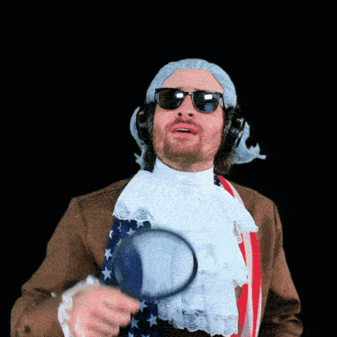 a man wearing sunglasses and a wig holds a magnifying glass
