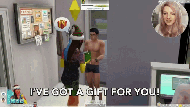 a video game screen shows a woman giving a gift to a shirtless man