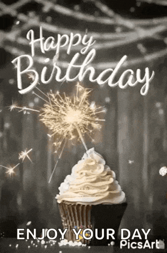 a happy birthday greeting card with a cupcake and sparklers