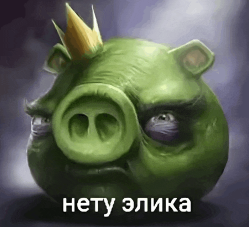 a green pig with a crown on its head and the words " hety elika " underneath it