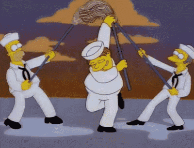 a cartoon of three sailors holding mop sticks in their hands