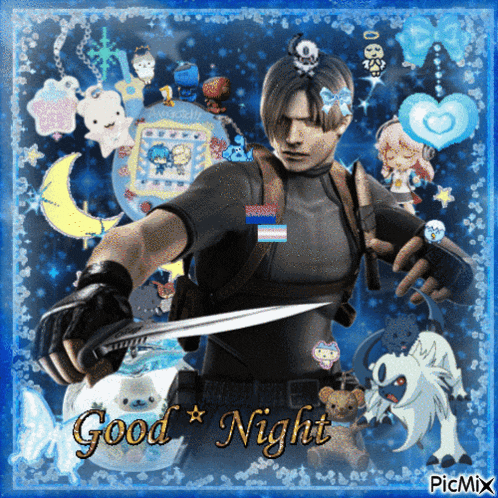 a picture of a man holding a knife with the words good night on the bottom