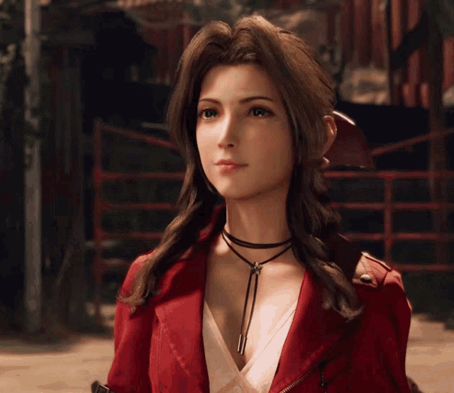 a woman wearing a red jacket and a choker looks to the side