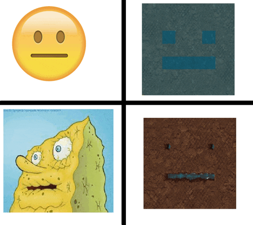 a smiley face a spongebob squarepants and a minecraft face