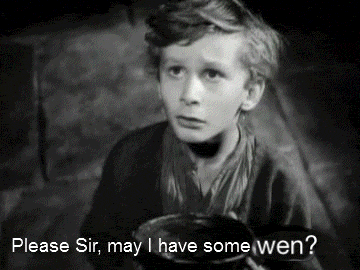 a black and white photo of a boy with the words please sir may i have some wen