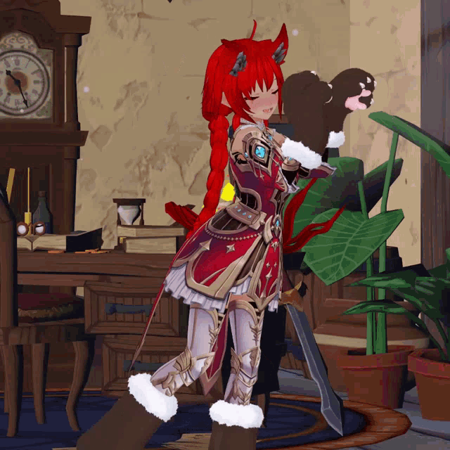 a girl with red hair is holding a stuffed animal in front of a clock that says 4:20