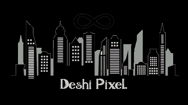 a city skyline with a christmas tree in the middle and the words deshi pixel on the bottom