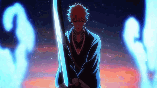 a man is holding a sword in front of a glowing background