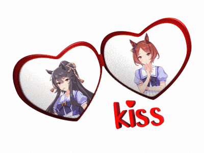 a picture of two anime girls with the word kiss in red