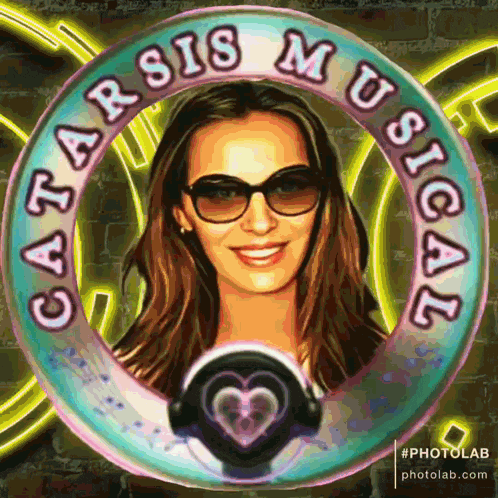 a picture of a woman wearing sunglasses and headphones in a circle that says catarsis musicals
