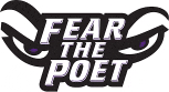 the logo for fear the poet is a black and white logo with purple eyes and the words `` fear the poet '' .
