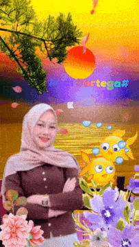 a woman in a hijab is surrounded by flowers and a cartoon fish with the word " fortega " written in the background