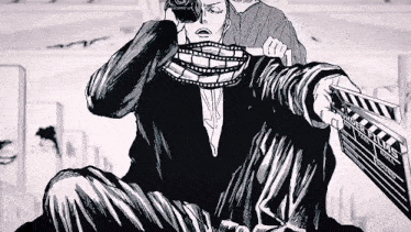 a black and white drawing of a man holding a clapper board and a camera