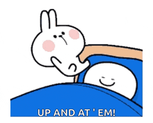 a cartoon of a rabbit petting another rabbit with the words up and at em