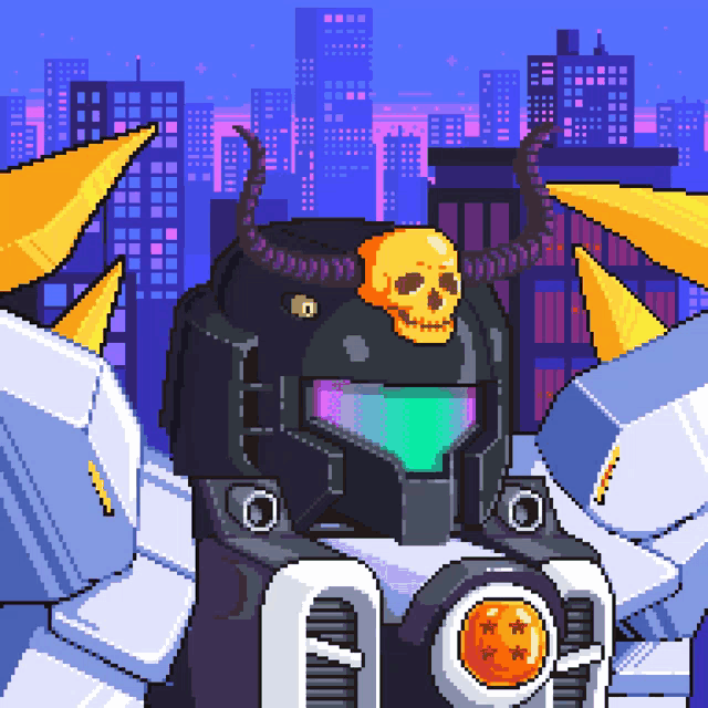 a pixel art illustration of a robot with a skull on its helmet