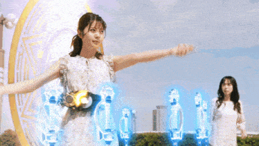 a woman in a white dress is standing in front of a purple circle with a sword coming out of it