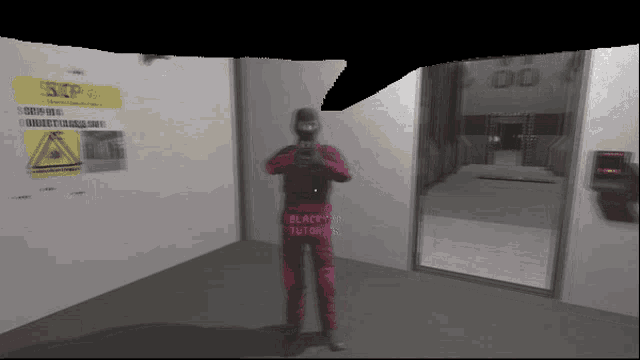a man in a red suit is standing in front of a sign that says scp on it