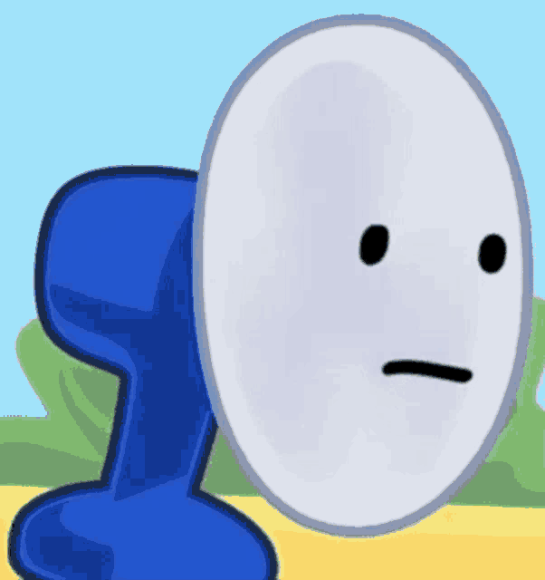 a cartoon character with a white face is standing next to a blue object with a face .