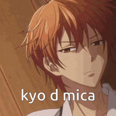 a close up of a person with the words kyo d mica written on it