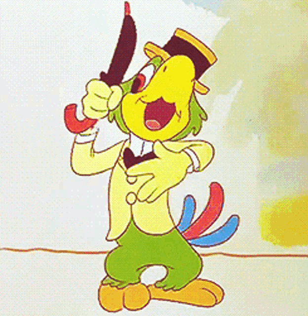 a cartoon parrot is singing into a microphone and wearing a top hat