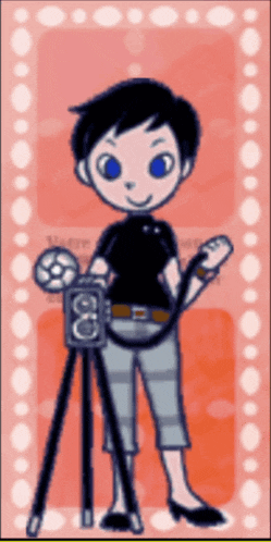 a cartoon drawing of a girl holding a camera that says ' 00 ' on it