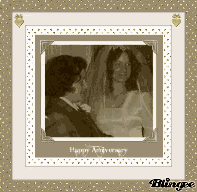 a picture of a bride and groom with the words happy anniversary written on the bottom