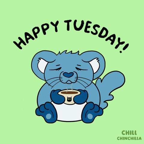a cartoon drawing of a blue animal with the words happy tuesday written around it