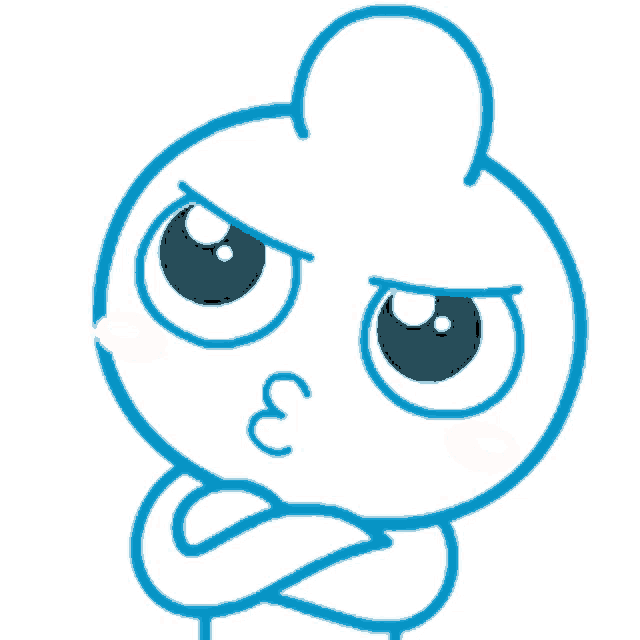 a blue cartoon character with his arms crossed making a face