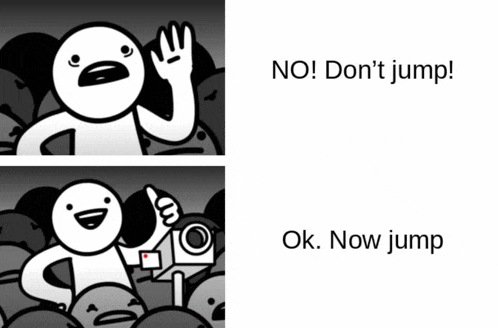 a black and white cartoon of a man saying no and ok