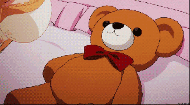 a pixel art of a teddy bear with a red bow on its neck