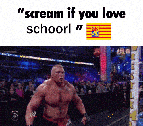 a wrestling match with the words " scream if you love school " on the top
