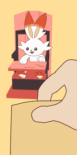 a cartoon of a white rabbit with orange ears is sitting in a chair