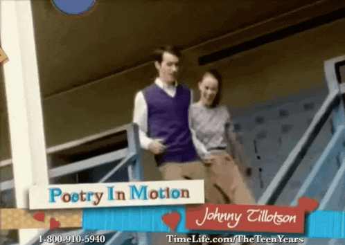 an advertisement for poetry in motion shows a man and a woman walking down a set of stairs