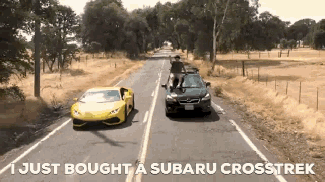 a subaru crosstrek is driving down a road next to a lamborghini