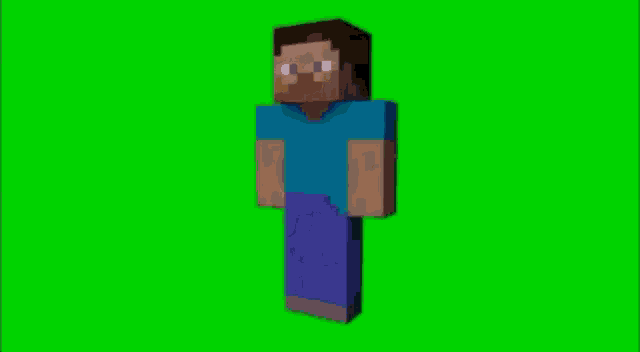 a minecraft character with a blue shirt and blue pants is walking on a green screen .
