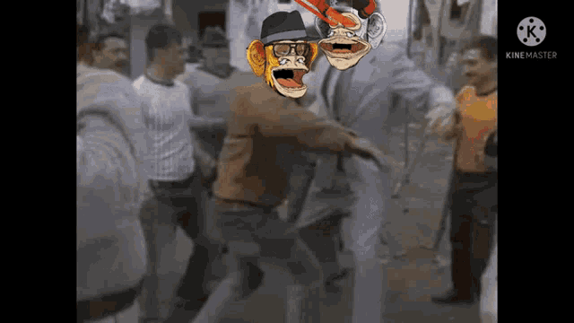a group of people are standing around a man with a monkey on his head