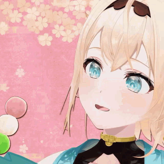 a girl with blonde hair and blue eyes is holding a candy