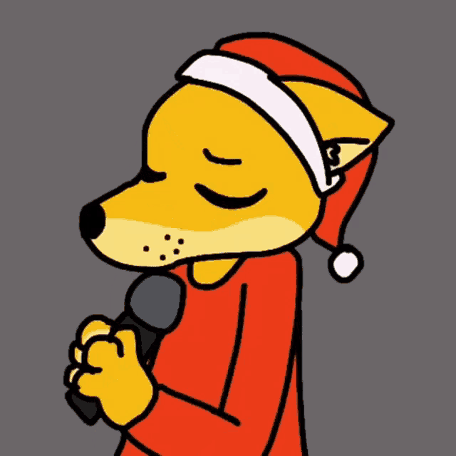 a cartoon dog wearing a santa hat holds a microphone