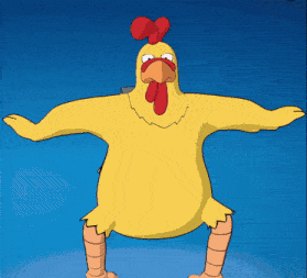 a yellow chicken with a red crest is standing on its hind legs with its arms outstretched