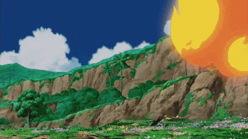 a painting of a landscape with trees and rocks and a huge explosion in the background