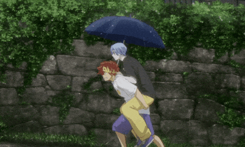 a man is carrying another man on his shoulders under an umbrella