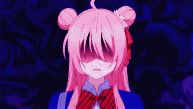 a girl with pink hair and a red bow tie has her eyes closed