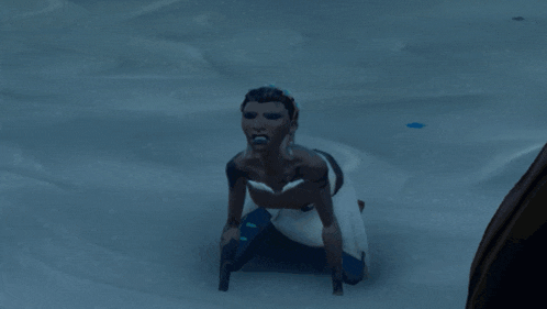 a cartoon character is kneeling in the snow