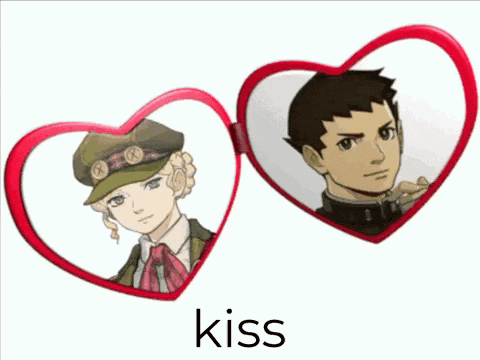 a picture of a man and a woman in a heart shaped frame with the word kiss below them